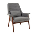 Fauteuil moderne en tissu gris avec coussin, pieds en bois