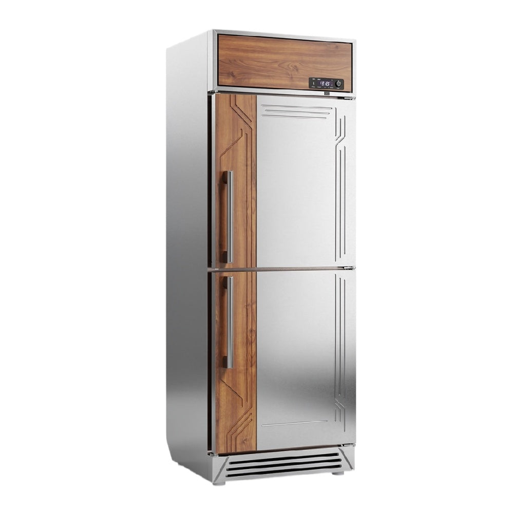 Réfrigérateur combiné inox avec finition bois